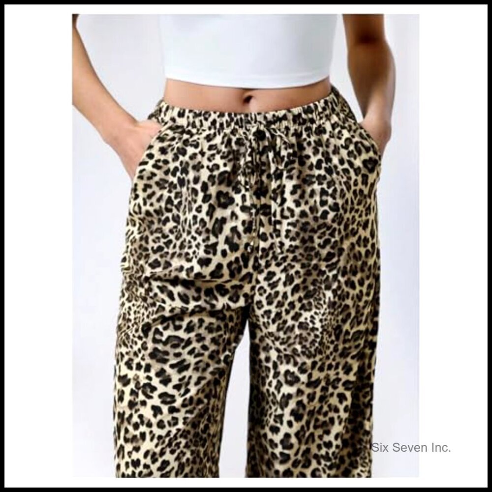 Drawstring Waist Leopard Print Trousers Tie Front Wide Leg Pants - Picture 5 of 5